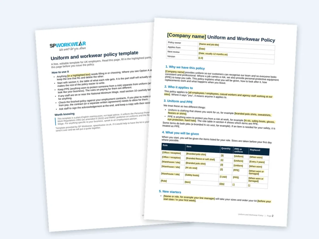 The first two pages of the uniform policy template, including the role table
