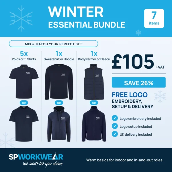 Essential Winter Workwear Bundle: softshell or bodywarmer, polos and hoodie options, all branded with your logo
