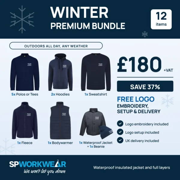 Premium Winter Workwear Bundle: jacket, bodywarmer, fleece, polos, hoodies and beanie, all branded with your logo